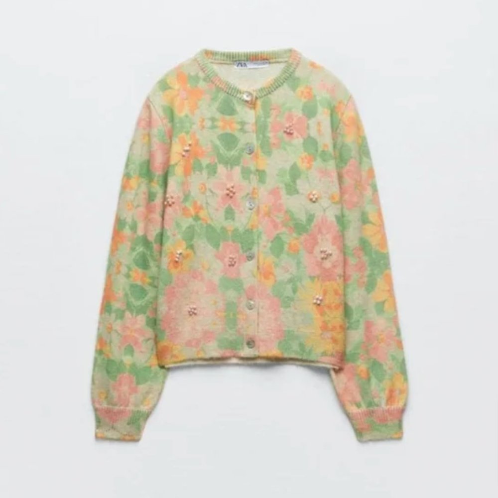 ZARA PEARL TRIM JACQUARD KNIT CARDIGAN MULTICOLORED- NWT Medium